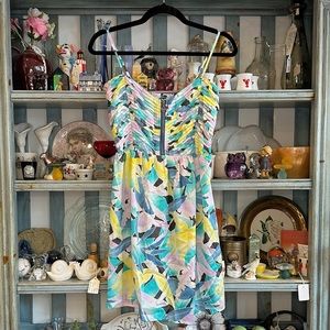 Vintage Y2K Roxy tropical blue green yellow sleeveless summer mini dress w/ zip